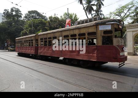 Non exclusif: Kolkata, Inde - 26 février, 2023: Les tramways emblématiques de Kolkata ont 150 ans et pour célébrer l'occasion mémorable un défilé de tram avec certains Banque D'Images