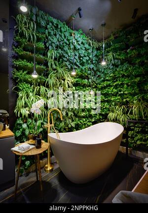 Salle de bain dans un salon de beauté moderne, salle de bain luxueuse dans un spa avec jardin vertical. Vue verticale sur le mur des plantes vertes et la baignoire de l'hôtel. Concept de Banque D'Images