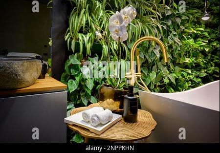 Salle de bain luxueuse dans le spa avec jardin vertical, baignoire dans le salon de beauté moderne. Mur de plantes vertes, fleurs et baignoire dans l'hôtel. Concept de la nature, Banque D'Images