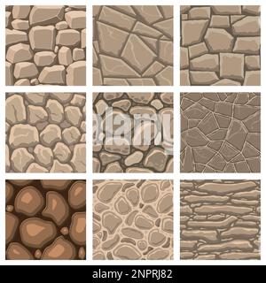 Textures de jeu de dessin animé, rochers, saleté et surface de sol sans couture motifs. Supports de jeu murs et arrière-plans d'environnement. Illustration de Vecteur