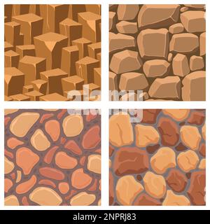 Textures de jeu de dessin animé, rochers, saleté et surface de sol sans couture motifs. Supports de jeu murs et arrière-plans d'environnement. Illustration de Vecteur