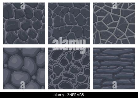 Textures de jeu de dessin animé, rochers, saleté et surface de sol sans couture motifs. Supports de jeu murs et arrière-plans d'environnement. Illustration de Vecteur