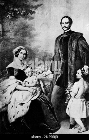 1850 : Le roi fou et suicide de Bayern LUDWIG II de Wittelsbach ( Nymphenburg 1845 - Starnberg 1886 ) quand était un enfant avec sa mère la reine MARIE (née princesse de Prusse), son père le roi MAXIMILIEN II de Bayern et le petit frère OTTO ( futur roi ) . Gravure du portrait par le peintre E. Correns - RE - REALI - ROYALTIES - nobili - nobiltà - BAVIERA - BAYERN - BAVIÈRE - famiglia - portrait - ritratto - bambini - madre e figlio padre - Family - bachili - moustache - fourrure - pelliccia - Enfant - enfants - GAY - homosexuel - homosexualité - omosessuale - omosessualità - suicida Banque D'Images