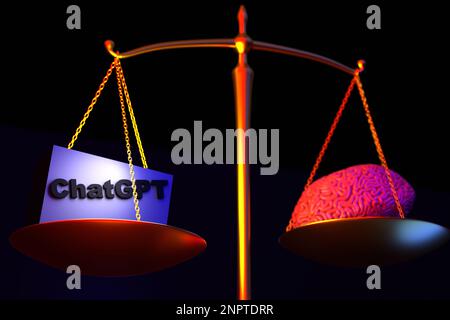 Le concept de chatGPT vs humain. Les échelles sur lesquelles l'intelligence artificielle gagne. Échelles de Themis sur fond sombre. Banque D'Images