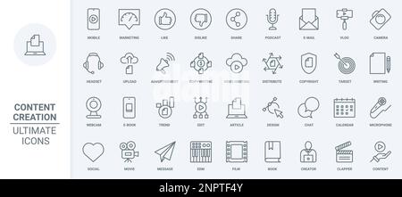 Les icônes de ligne mince de création de contenu définissent l'illustration vectorielle. Présenter le copyright et le marketing dans les médias sociaux, blog tendances podcast pour partager, écrire et éditer des articles dans ordinateur ou téléphone mobile, hébergement Illustration de Vecteur