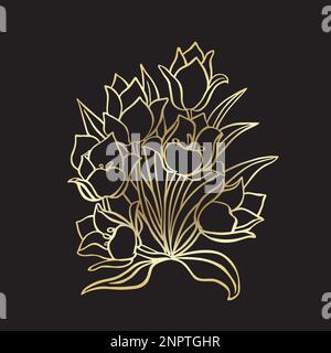 Fleur tulipe. Contours d'or sur fond noir, vector illustration Illustration de Vecteur