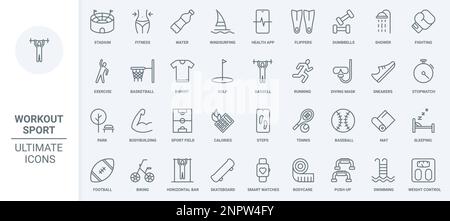 Les icônes de fin d'entraînement sportif définissent l'illustration vectorielle. Calculatrice des calories et exercices de fitness pour le contrôle du poids, la course et le culturisme de l'athlète dans la salle de gym et le stade, la plongée Illustration de Vecteur