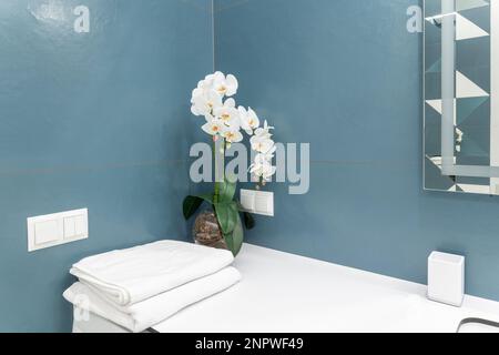 Salle de bains bleue et blanche avec grand miroir, serviettes, éclairage et lavabo sur comptoir. Salle de bains propre et fraîche avec lumière moderne. Salle de bains spacieuse, propre, Banque D'Images