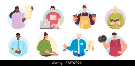Les personnes de différentes professions dans les cadres ronds ensemble illustration vectorielle. Portraits de personnages professionnels masculins et féminins avec visages drôles en uniformes, collection d'avatars circulaires pour les utilisateurs Illustration de Vecteur