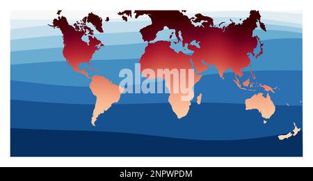 Vecteur de carte du monde. Projection hémisphérique Guyou-in-a-Square. Monde en dégradé orange rouge sur les vagues bleu profond de l'océan. Illustration vectorielle vibrante. Illustration de Vecteur