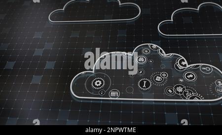 3D rendre le concept des technologies cloud et du traitement des données serveur. Les icônes de service abstraites envoient des informations aux bigdata et aux centres de données. Badges Banque D'Images