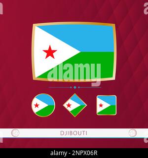 Ensemble de drapeaux de Djibouti avec cadre doré pour les événements sportifs sur fond bordeaux abstrait. Ensemble vectoriel d'indicateurs. Illustration de Vecteur