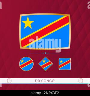 Ensemble de drapeaux RD Congo avec cadre doré pour les événements sportifs sur fond bordeaux abstrait. Ensemble vectoriel d'indicateurs. Illustration de Vecteur