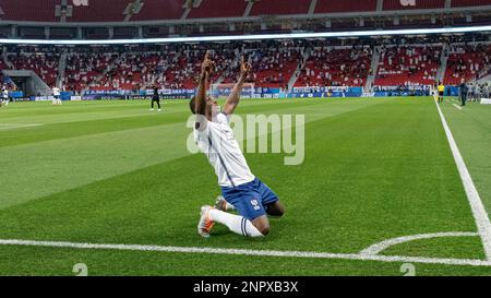 Doha, Qatar. 26th févr. 2023. Al-Hilal SFC (KSA), héros à quatre buts, Odion Ighalo, célèbre après avoir marqué contre Al-Duhail SC (QAT) lors de son match de demi-finale de la Ligue des champions de l'AFC 2022 au stade Al Thumama à 26 février 2023, à Doha, au Qatar. Photo de Victor Fraile / Power Sport Images crédit: Power Sport Images Ltd/Alay Live News Banque D'Images