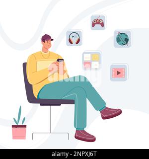 Homme utilisant l'illustration vectorielle des services de médias en ligne. Un jeune homme de dessin animé assis dans un fauteuil avec des icônes d'appareil mobile et d'application au-dessus de la tête, l'utilisation mondiale de la musique, de la vidéo et du contenu de jeu avec un smartphone Illustration de Vecteur