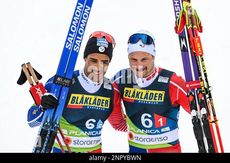 Planica, Slovénie. 26th févr. 2023. Troisième place Richard Jouve et Renaud Jay de France célèbrent lors de la course libre de sprint de Man's Team lors des Championnats du monde de ski nordique FIS 2023. (Photo par Andrej Tarfila/SOPA Images/Sipa USA) crédit: SIPA USA/Alay Live News Banque D'Images