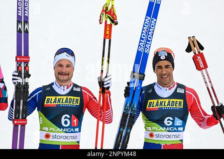 Planica, Slovénie. 26th févr. 2023. Troisième place Richard Jouve et Renaud Jay de France célèbrent lors de la course libre de sprint de Man's Team lors des Championnats du monde de ski nordique FIS 2023. (Photo par Andrej Tarfila/SOPA Images/Sipa USA) crédit: SIPA USA/Alay Live News Banque D'Images