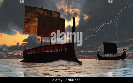 Un longboat Viking navigue vers leurs destinations pour le commerce de marchandises comme un orage vient leur chemin. Banque D'Images