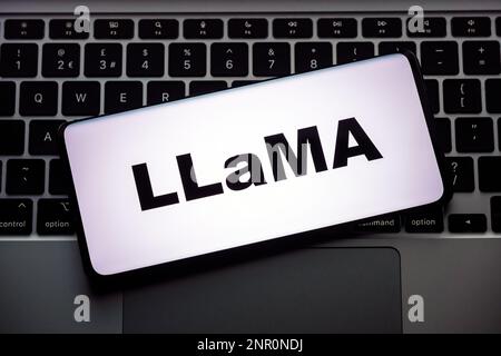 Lettres Llama vues sur smartphone et logo de Meta flou sur fond. Llama est un modèle de langue de grande taille Meta ai de Meta plates-formes. Stafford, Royaume-Uni, Banque D'Images