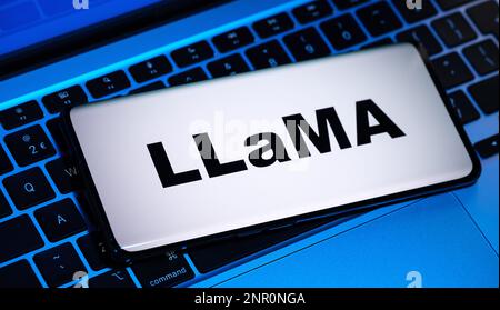 Lettres Llama vues sur smartphone et logo de Meta flou sur fond. Llama est un modèle de langue de grande taille Meta ai de Meta plates-formes. Stafford, Royaume-Uni, Banque D'Images