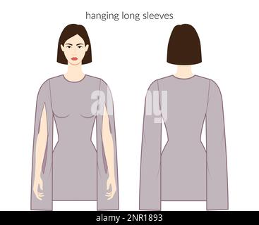Manches suspendues vêtements fendus - belles femmes en robes, hauts, chemises technique de mode illustration avec corps ajusté. Modèle de vêtements plats à l'avant et à l'arrière. Femmes, hommes unisex CAD maquette Illustration de Vecteur