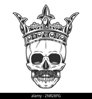 Crâne noir et blanc dans la couronne avec moustache isolée sur fond blanc Banque D'Images