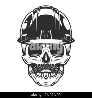 Tête de mort avec moustache dans le mineur ou construction casque rigide illustration vectorielle Illustration de Vecteur