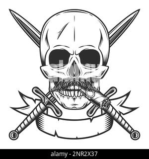 Crâne fumant cigare ou cigarette avec moustache et épée croisée isolé sur fond blanc illustration monochrome Illustration de Vecteur