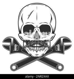 Tête de mort avec moustache avec clé de construction pour tuyau de gaz et plomberie ou outil de réparation de clé mécanique d'atelier de carrosserie de style monochrome isolé Illustration de Vecteur