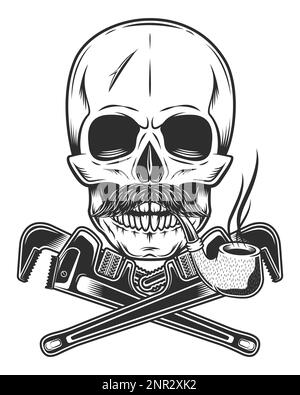 Tuyau de fumage du crâne avec moustache avec clé de construction pour tuyau de plomberie de construction et de gaz ou outil de réparation de clé mécanique d'atelier de carrosserie en monochrome Illustration de Vecteur