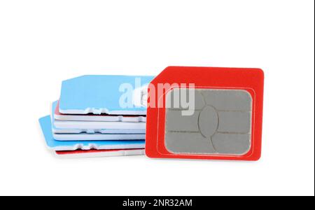 Différentes cartes SIM modernes sur fond blanc Banque D'Images