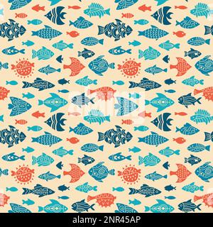 Poisson abstrait tropical ornemental modèle sans couture. Décoration d'aquarium exotique tendance à la mode, motif marin, dessin animé, papier peint à répétition. Ornement eau douce, poissons de mer timbre arrière-plan Illustration de Vecteur