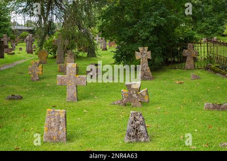 De vieilles mousses et des lichen ont couvert des croix de pierre sur les tombes dans un cimetière sur les ruines gothiques du monastère de Pirita dédié à St Bridget, Tallinn, Estonie. Banque D'Images