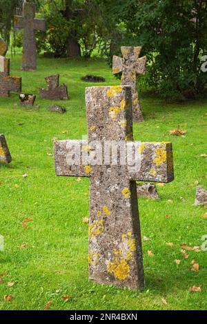 La croissance de la mousse et du lichen couvrait des croisements de pierres sur des tombes dans un cimetière sur les ruines gothiques du monastère de Pirita dédié à St Bridget, Tallinn, Estonie. Banque D'Images