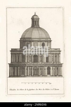 Élévation de l'extérieur du mausolée Valois à la basilique Saint-Denis. Construit au 16th siècle, notre-Dame-de-la-Rotonde a été modelé sur des temples romains circulaires. Le dôme du troisième niveau n'a jamais été fini et la rotonde démolie en 1719. Élévation du déhors de la sépulture des Rois des Valois à Saint-Denis. Gravure de coperplate dessinée et gravée par Jean Marot de son Recueil des plans, Profils et élévations de plusieurs Palais, Châteaux, Églises, Septures, Grotes et Hôtels, Collection de plans, profils et élévations de palais, châteaux, églises, tombes, grottes et hôtels, chez M Banque D'Images