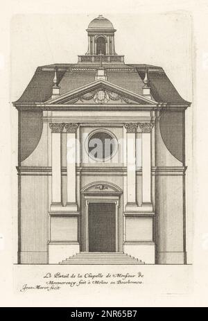 L'entrée de la Chapelle de la Visitation, Chapelle Saint-Joseph, mausolée de style classique construite par Marie-Felicie des Ursin pour son mari Henri II, duc de Montmorency, Moulins, Bourbonnais. Le Portail de la Chapelle de Monsieur de Montmorency a fait un Molins en Bourbonnois. Gravure de coperplate dessinée et gravée par Jean Marot de son Recueil des plans, Profils et élévations de plusieurs Palais, Châteaux, Églises, Septures, Grotes et Hôtels, Collection de plans, profils et élévations de palais, châteaux, églises, tombes, grottes et hôtels, chez Mariette, Paris, 1655. Banque D'Images