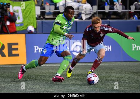 Seattle, WA, États-Unis. 26th févr. 2023. Le défenseur des sirènes de Seattle Nouhou Tolo (5) lors du match de football MLS entre le Colorado Rapids et le Seattle Sounders FC au Lumen Field de Seattle, WA. Seattle défait le Colorado 4-0. Steve Faber/CSM/Alamy Live News Banque D'Images
