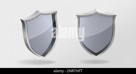 Jeu réaliste de protections en verre dans le cadre métallique vue avant et latérale isolée sur fond transparent. Illustration vectorielle du signe de protection png, symbole de l'antivirus, du signe de sécurité des données et de la cyber-informatique Illustration de Vecteur