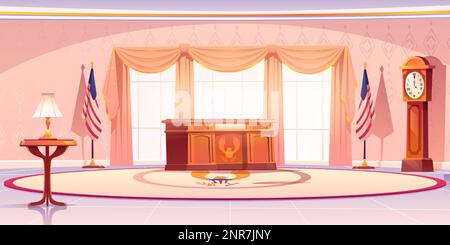 Bureau ovale du président américain avec bureau et illustration vectorielle de l'horloge. Drapeau de l'Amérique à l'intérieur de la salle des dirigeants. Cabinet officiel du gouvernement avec table en bois et lampe avec lumière de jour de la fenêtre. Illustration de Vecteur