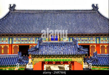 Coloré Red Blue Gate Imperial Hall Temple of Heaven Beijing Chine Banque D'Images