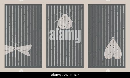 Collection d'affiches abstraites avec silhouette de demi-teinte insectes. Modèles de bannière avec arrière-plan linéaire, libellule, papillon, bug. Illustration de Vecteur