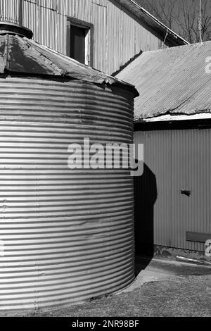 Un bac de stockage de grain en métal abandonné se trouve à côté de deux vieux bâtiments en bois. Banque D'Images