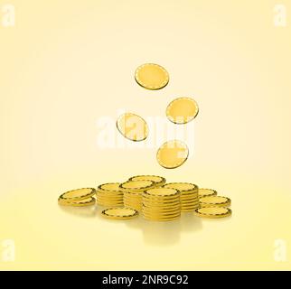 Pièces d'or tombant à la pile de pièces de monnaie avec réflexion, succès de Jackpot, concept d'affaires et de finances, 3D illustration de rendu. Banque D'Images