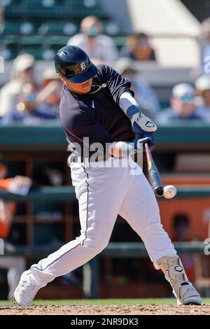 Lakeland FL USA; Detroit Tigers Catcher Julio Rodriguez frappe une balle à l'infield pour le troisième hors de la salle à manger pendant un match d'entraînement de printemps de la MLB Banque D'Images