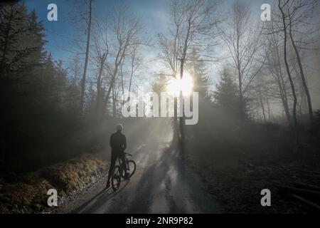 Personne se reposant sur une promenade en VTT en montant pour atteindre le soleil piquant par le brouillard d'hiver ou par temps nuageux. En hiver, évadez-vous du brouillard et du soleil en vélo. Banque D'Images