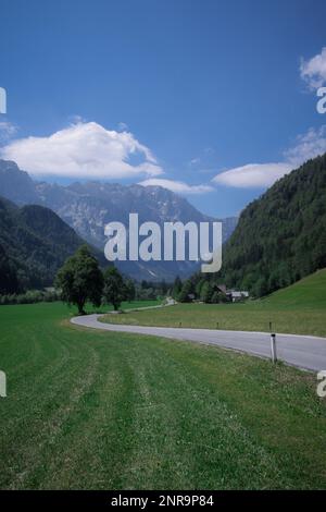 Photo verticale d'une vallée magique de la Logarska ou de la doline, dans les alpes de carinthie en Slovénie, par une chaude journée d'été ensoleillée. Banque D'Images