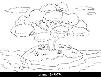 Island Tree graphique noir blanc paysage dessin illustration vecteur Illustration de Vecteur