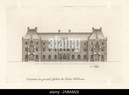 Élévation du grand escalier jusqu'au Palais du Luxembourg, construit selon les desseins de l'architecte français Salomon de Brosse pour Marie de' Medici. Élévation du grand escalier roulant du Palais d'Orléans. Gravure en copperplate tirée et gravée par Jean Marot de son Recueil des plans, Profils et élévations de plusieurs Palais, Châteaux, Églises, Sépultures, Grottes et Hôtels, Collection de plans, profils et élévations de Palais, Châteaux, Églises, tombes, Grottes et Hôtels, chez Mariette, Paris, 1655. Banque D'Images