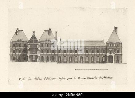 Profil du Palais de Luxembourg (Palais du Luxembourg), construit selon les desseins de l'architecte français Salomon de Brosse pour Marie de' Medici. Profil du Palais d'Orléans bastie par la Reine Marie de Médicis. Gravure en copperplate tirée et gravée par Jean Marot de son Recueil des plans, Profils et élévations de plusieurs Palais, Châteaux, Églises, Sépultures, Grottes et Hôtels, Collection de plans, profils et élévations de Palais, Châteaux, Églises, tombes, Grottes et Hôtels, chez Mariette, Paris, 1655. Banque D'Images