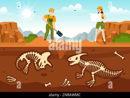 L'illustration fossile avec les archéologues trouve des squelettes de dinosaures sur des excavations ou creuser des couches de sol dans des modèles dessinés à la main de dessin de dessin de dessin de dessin plat Illustration de Vecteur